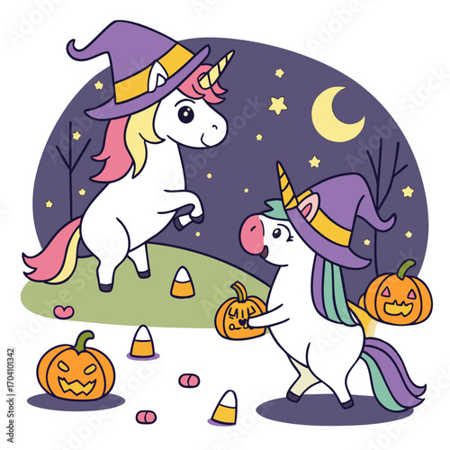 Magical Unicorns Halloween Edition Unicorns with witch hats & candy