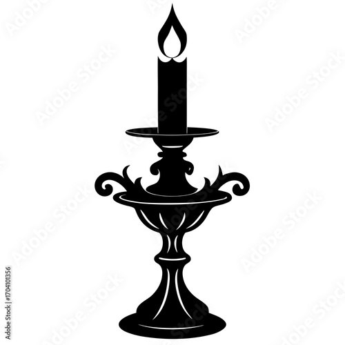 Ornate candle holder with lit flame black silhouette