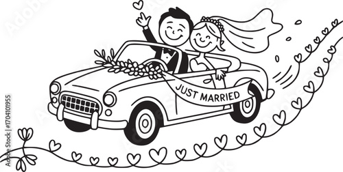 Wedding Day Car: A joyous newlywed couple embarking on their journey in a charming, vintage car adorned with decorative flowers, creating a delightful illustration of marital bliss.