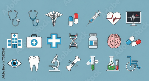 Collection of medical icons representing various healthcare elements, including stethoscope, dna, brain, tooth, and other medical symbols on a blue background
