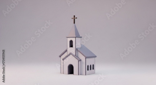 A quaint, miniature church model stands serenely against a soft, neutral backdrop, capturing the essence of faith and architectural simplicity
