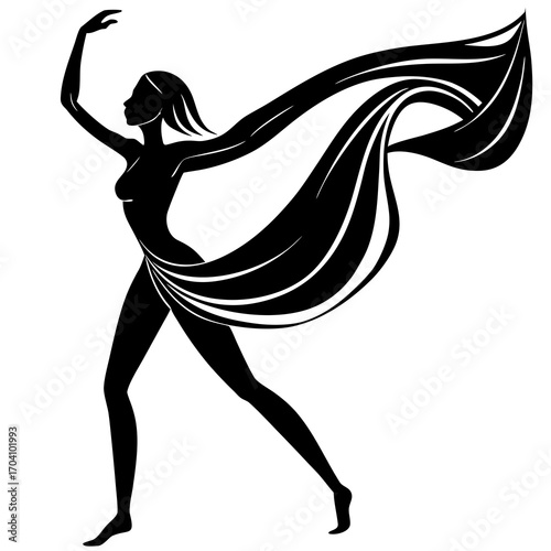 Silhouette dancer flowing fabric black white