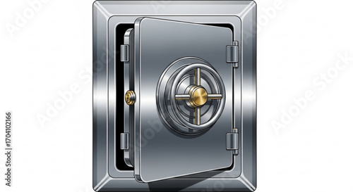 Open safe with gold combination lock and door concept for security, protection, banking, finance, and investment