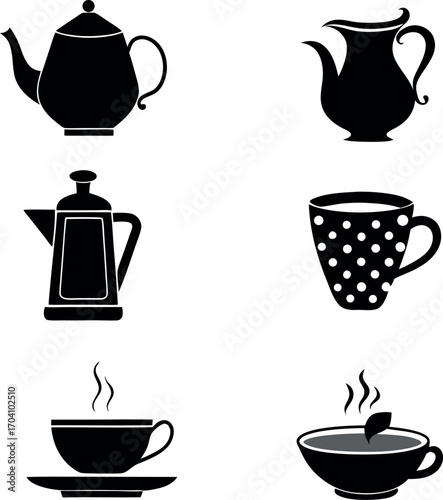 Collection of six classic tea and coffee pots and cups silhouette
