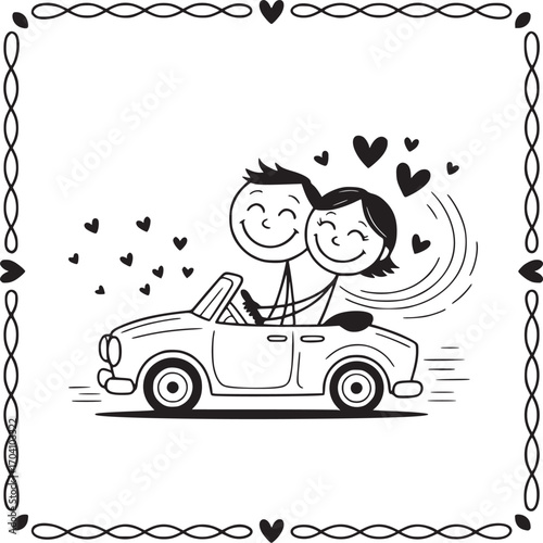 Romantic Road Trip: A heartwarming illustration captures a stick figure couple joyfully cruising in a convertible car, surrounded by hearts.