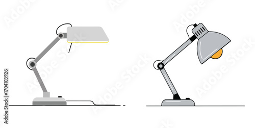 Two desk lamps illustrated on a white background with adjustable arms and light sources shown