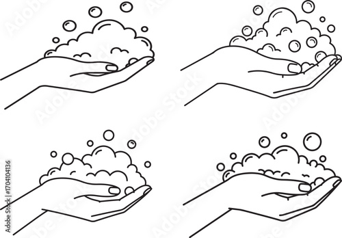 Four hand washing soap bubbles silhouette