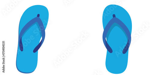A pair of blue flip flops with dark blue straps on a plain white background in a vector illustration