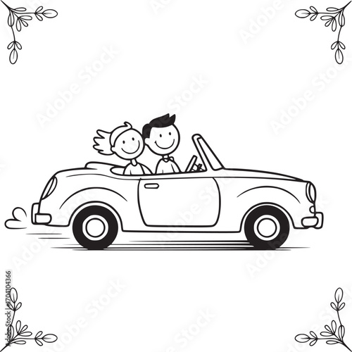 Romantic Road Trip: A charming cartoon illustration of a couple joyfully driving in a vintage convertible, filled with the essence of a road trip adventure.