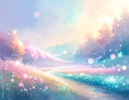 Pastel landscape with a glowing path