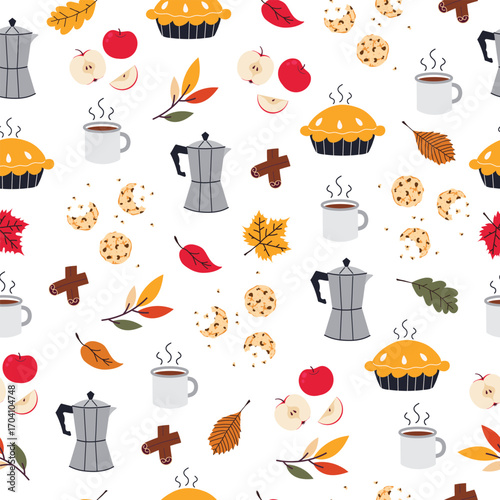 Seamless vector pattern with fall elements, coffee and coffee pot. Hand-drawn vector illustration.