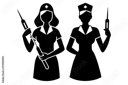 Nurse with syringe silhouette vector isolated on white background