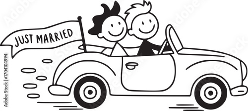 Love's Journey:  A couple embarks on their new journey, joyfully riding in a vintage convertible, adorned with a 'Just Married' banner, representing the beginning of their shared adventure.