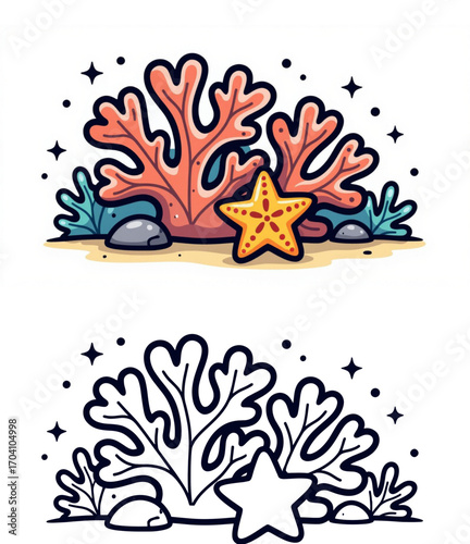 Colorful coral reef with starfish and rocks for coloring pages for kids  
