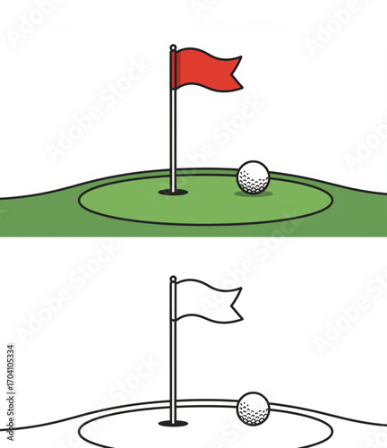Golf flag and ball on green for coloring pages for kids with sample convenient for left  