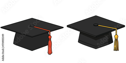 Two graduation caps displayed with different tassel colors against a white background isolated view