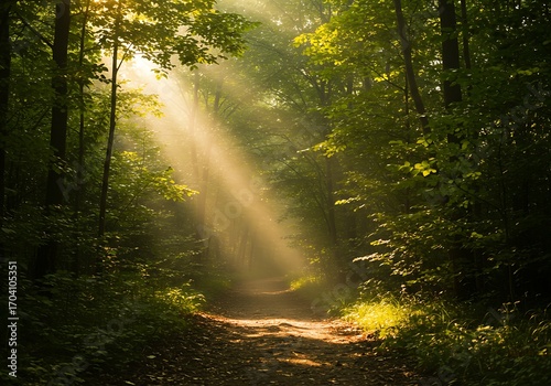 Pathway in a forest with sunlight shining through trees