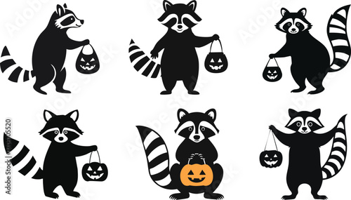 Six playful raccoons holding Halloween-themed pumpkin bags in a whimsical black-and-white design.