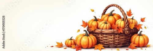 Wallpaper Mural Watercolor pumpkin basket overflowing with autumn leaves & gourds , illustration, artwork Torontodigital.ca