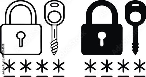 Password Icons. Black and White Vector Illustrations. Padlock, Key, and Hidden Code. Secret Combination of Numbers, Letters, and Symbols to Access Data. Data Security and Protection

