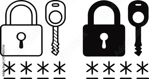 Password Icons. Black and White Vector Illustrations. Padlock, Key, and Hidden Code. Secret Combination of Numbers, Letters, and Symbols to Access Data. Data Security and Protection

