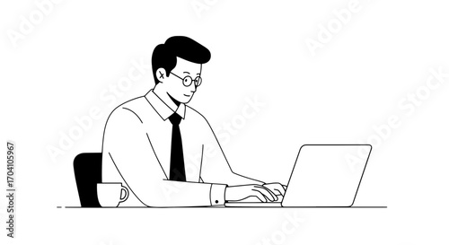 Monochrome line art illustration of a focused businessman in glasses diligently working on a laptop computer at his office desk