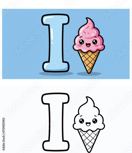 Cute ice cream cone illustration and coloring pages for kids with sample convenient for left  