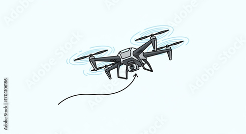 A sleek drone soars through the air, its propellers whirring as it captures stunning aerial footage, the drones camera lens focuses on the world below