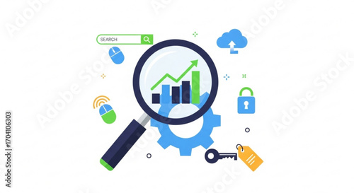 A magnifying glass focuses on a graph, symbolizing data analysis and business growth, a key, gear, and cloud complete the scene