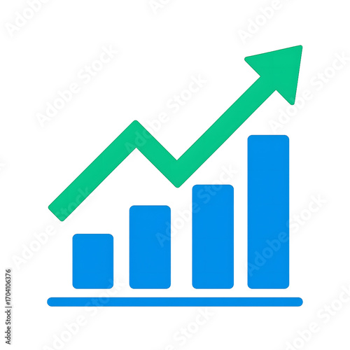 Green arrow showing upward trend over blue bar chart