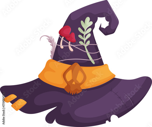 Bewitched Headgear, A Dark Plum Cap, Adorned With Forest Treasures And Subtle Stitches.