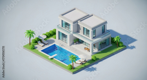 Isometric modern house with swimming pool and palm trees on a sunny day, creating a luxurious and relaxing atmosphere for a perfect vacation getaway