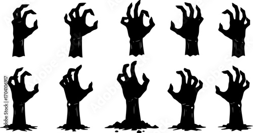 Set of Zombie hands black silhouette. A zombie hand crawls out of the ground. Scary hands suitable for Halloween. Vector illustration isolated on white background.