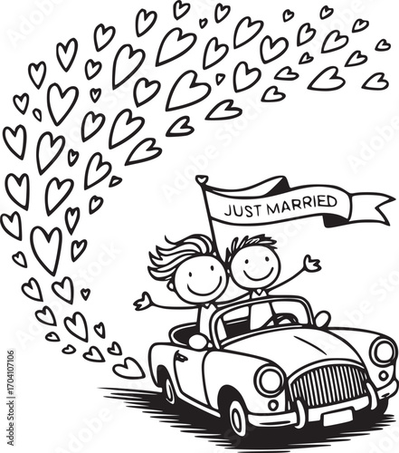 Newlyweds' Joyride: A joyous couple embarks on their honeymoon adventure, riding in a vintage convertible, their happiness symbolized by a trail of floating hearts.