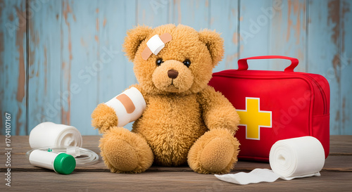 Injured Brown Teddy Bear with Bandages First Aid Kit on Wooden Background