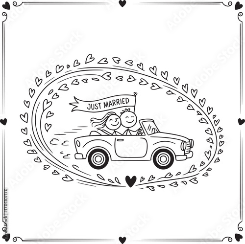 Newlywed Getaway in a Vintage Car: A charming illustration depicts a newly married couple driving off in a classic convertible. They are filled with joyful celebration and love.