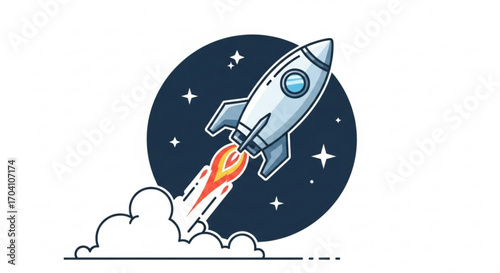 A cartoon rocket ship launching into space with stars and clouds, symbolizing ambition and innovation