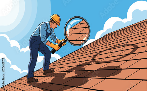 Roofer Inspecting Roof Tiles with Magnifying Glass on Sunny Day
