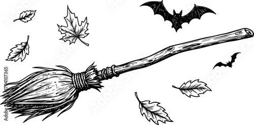 Old broomstick. Halloween which magic broom. Hand drawn black and white sketch style vector illustration.
