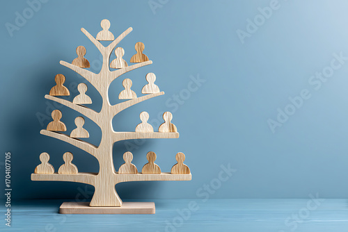 Wooden Genealogical Tree with Abstract Figures Symbolizing Ancestry and Lineage.