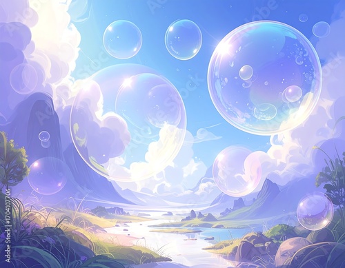Pastel landscape with floating bubbles
