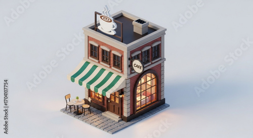 Isometric cafe building, a charming 3d model with a coffee cup sign, striped awning, and cozy outdoor seating, creating a welcoming scene