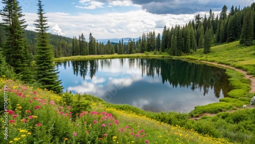 Conceptual Round Lake in Natural Environment
Tranquil Forest Lake with Wooden Bridge
Serene Lakeside Path Surrounded by Lush Greenery
Peaceful Natural Landscape with a Calm Lake