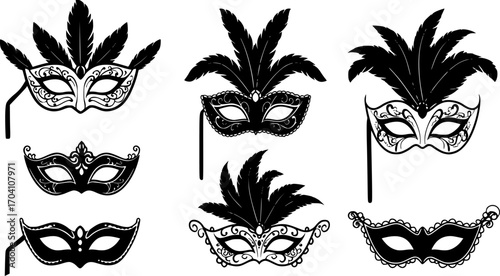 Black carnival masks with intricate designs, ideal for celebration The masks are isolated on white background
