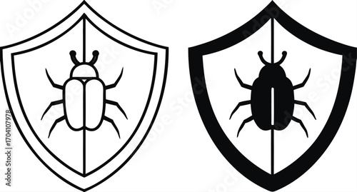 Antivirus Icons. Black and White Vector Illustrations. Shield and Bug. Malware Detecting and Neutralizing Program. Data Security and Protection Concept

