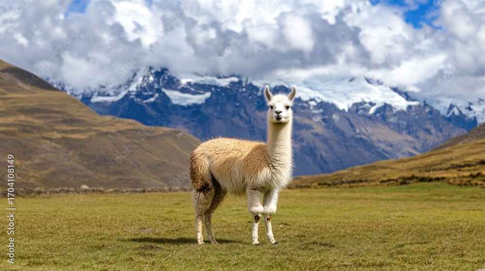 Naklejka premium Llama in high altitude meadow with mountain view