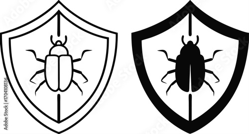 Antivirus Icons. Black and White Vector Illustrations. Shield and Bug. Malware Detecting and Neutralizing Program. Data Security and Protection Concept

