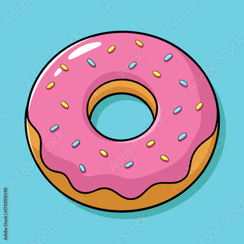 A Delicious Donut with Pink Frosting and Colorful Sprinkles on a blue background.