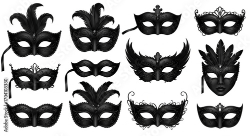 Black carnival masks with intricate designs, ideal for celebration The masks are isolated on white background
