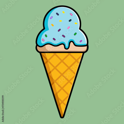 A refreshing ice cream cone with a scoop of vibrant blue ice cream, sprinkled with colorful candy, provides a visual delight of summer.